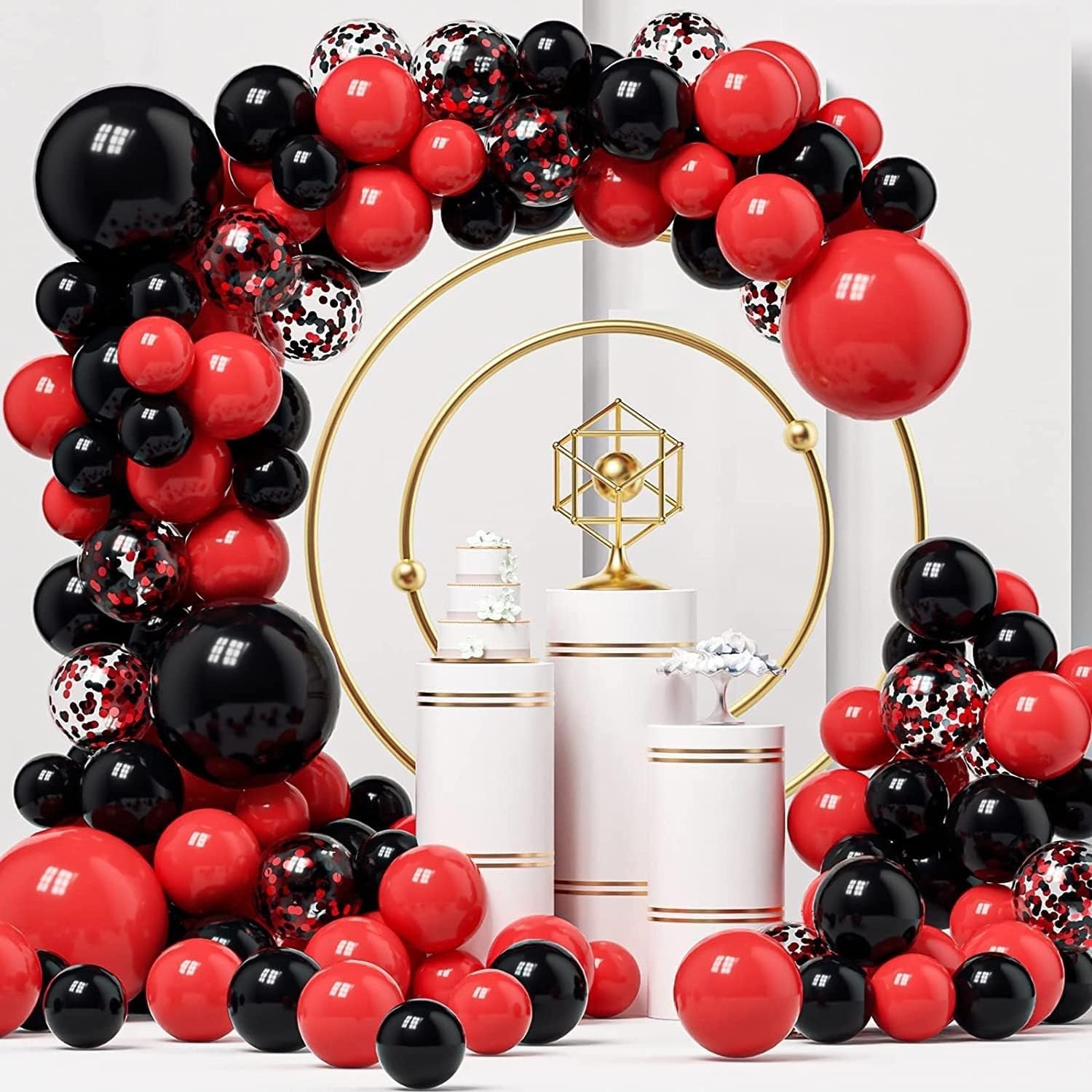 Baloane decorative pentru Nunta, Zi de Nastere, Evenimente, ANGELBEAR, Arcada Set din 124 baloane, din latex, baloane cu confetii, Negru Rosu